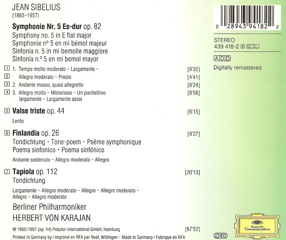 Sibelius - Symphonie Nr. 5 - Finlandia (CD 1994) Karajan; D Gramm 439 418-2 - Image 2 of 2