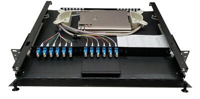 24 Fiber 1RU Rack Mount w/ 12 LC/UPC Duplex Adapters, Singlemode Pigtails & Tray