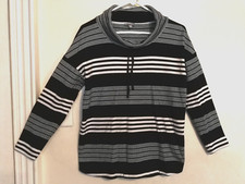T By Talbots Womens Sweater MP Petite Dark Blue White Striped Knit 3/4 Sleeve