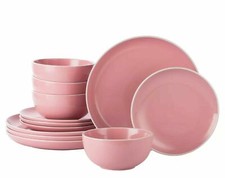 12-Piece Pink Dinner Set Stoneware Crockery Plates Bowls Tableware Service for 4