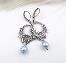 Light blue Pearl Silver Floral Art Nouveau Handmade Earrings