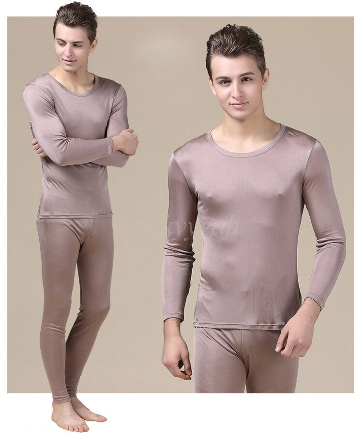 Mens Silk Thermal Long Johns Round Neck Top&Bottom Underwear Set Base