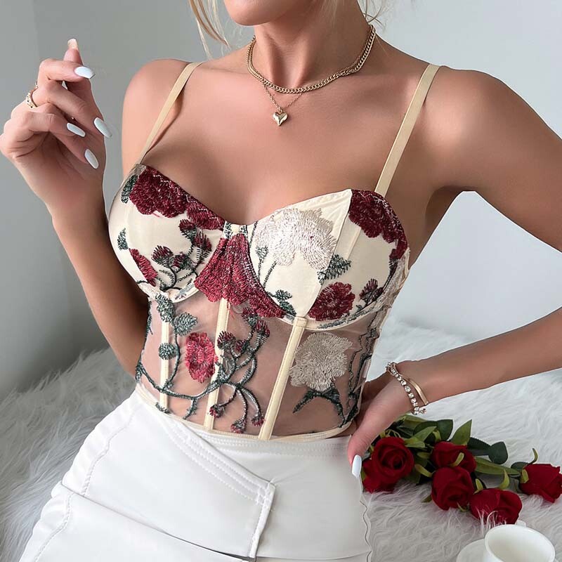 Womens Bustier Corset Top Mesh Floral Embroidery Going Crop