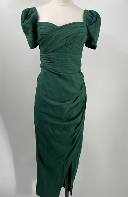 SELF-PORTRAIT Sweetheart Neck gathered Sleeves Dark Green Iris Midi Dress  Size 6 | eBay