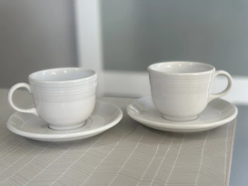 Set Of 2 Fiestaware Fiesta Ware White Coffee Cups & Saucers Homer Laughlin READ