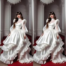 White High Neck Wedding Dresses Fluffy Victorian Lace Long Sleeve Ruffle Satin