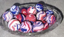  Handmade Clay Art  Marble Red White Blue Dish Of  Marbles  11/16" - 3/4 " 