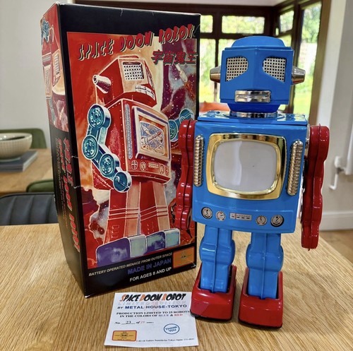 Metal House Japan Tin Battery Operated BLUE/RED Space Doom Robot & Original Box
