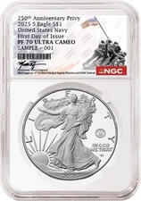 2025 s silver eagle navy 250th anniversary privy ngc pf70 first day RJ presale