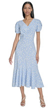Halston Light Blue Polka Dot Midi Dress With Ruched Bodice & Ruffle Hem Size 16