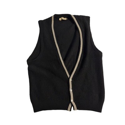 Lord Jeff Al Baskin Vintage Wool Cardigan Vest Black Cream Trim Button Front M