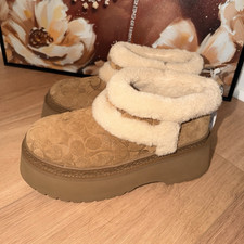 Coach Womens Suede Shearling Lined Logo Clog Slippers Brown/Beige US 9
