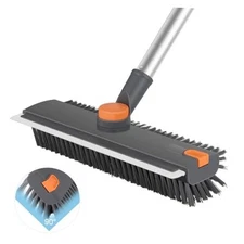 Floor Scrub V Brush with Long Handle 4 in 1 Silicone Scrape and Stiff Gray