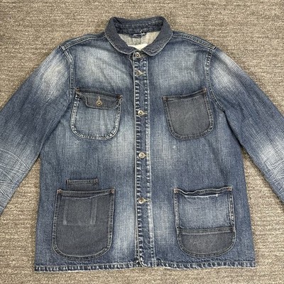Sun Stone Chore Jacket Men XL Blue Denim Distressed Patch Pocket Jean Workwear