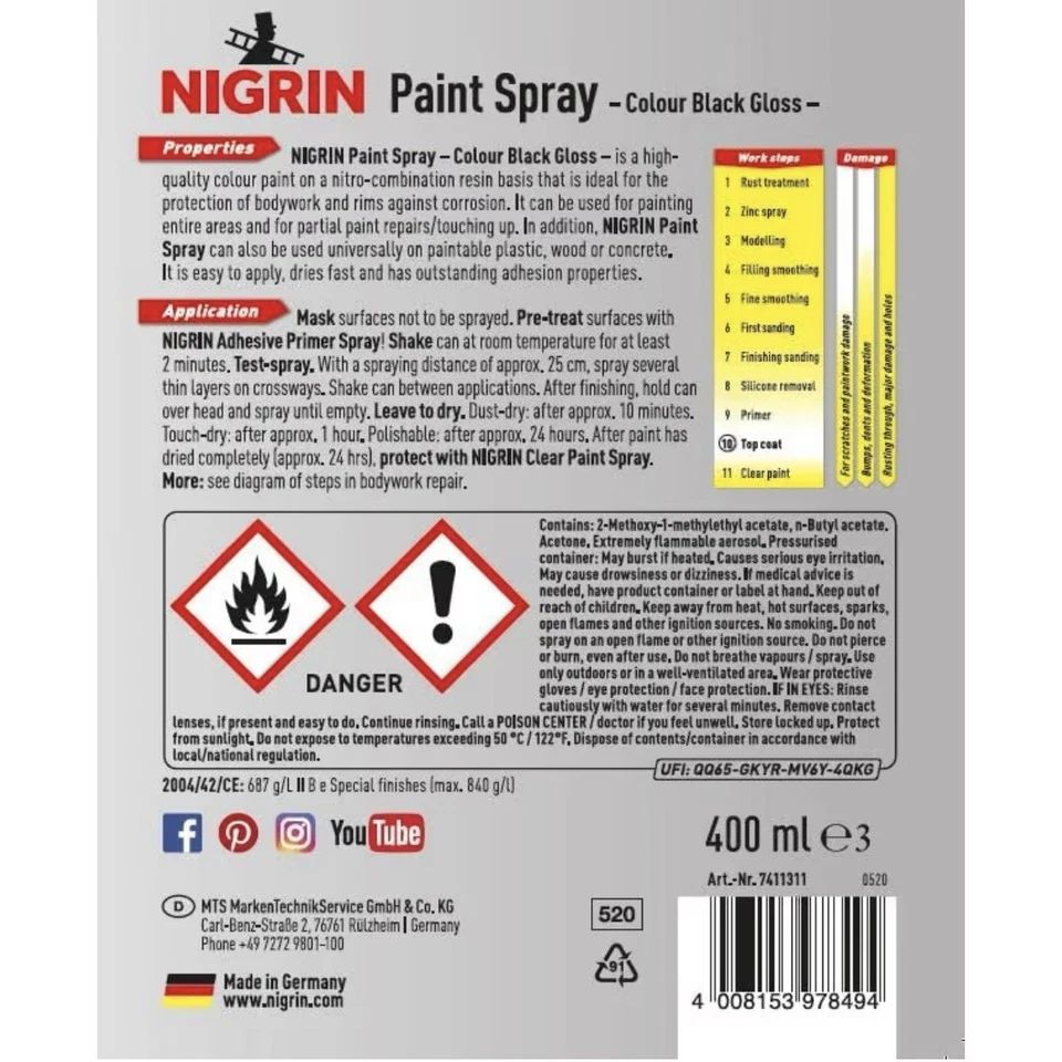 NIGRIN Lackspray Schwarz Glänzend 400ml Autolack für Felgen, Karosserie Rostschu - Bild 4 von 4