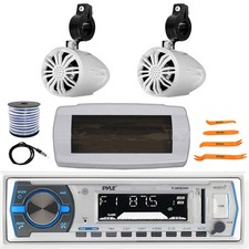 Pyle Bluetooth Marine Receiver, Cover, Antenna, Wire, 2x 2.25" 10W White Speaker