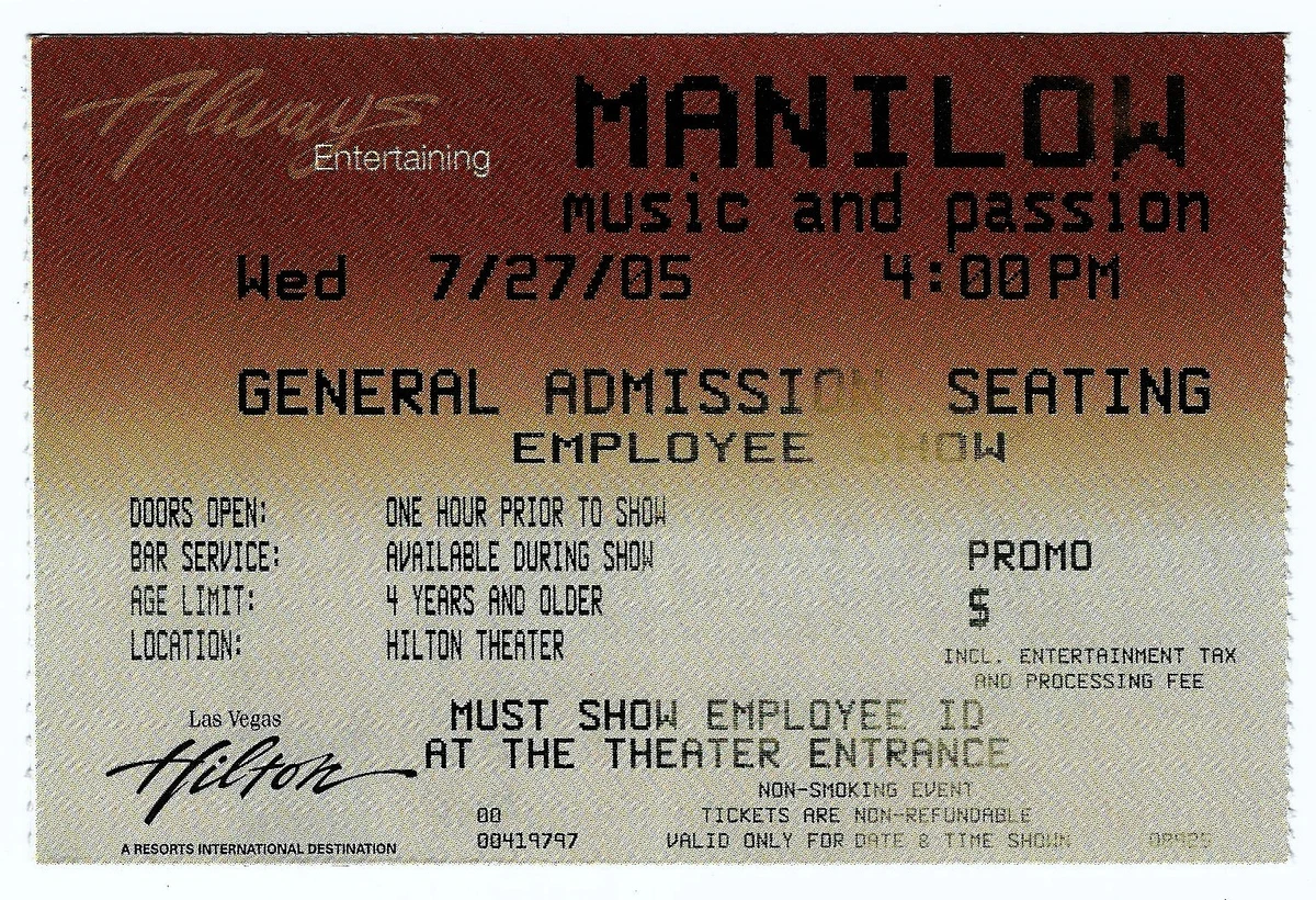 Ticket Stub (Souche) Concert Barry Manilow - Five Seasons Center, 19/04/1994, Collectible