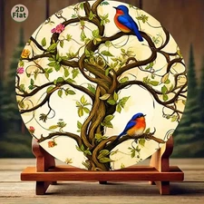 2D Flat, 1pc 7.87x7.87 Inch Aluminum 2D Tree of Life with Bluebird Canvas Art -