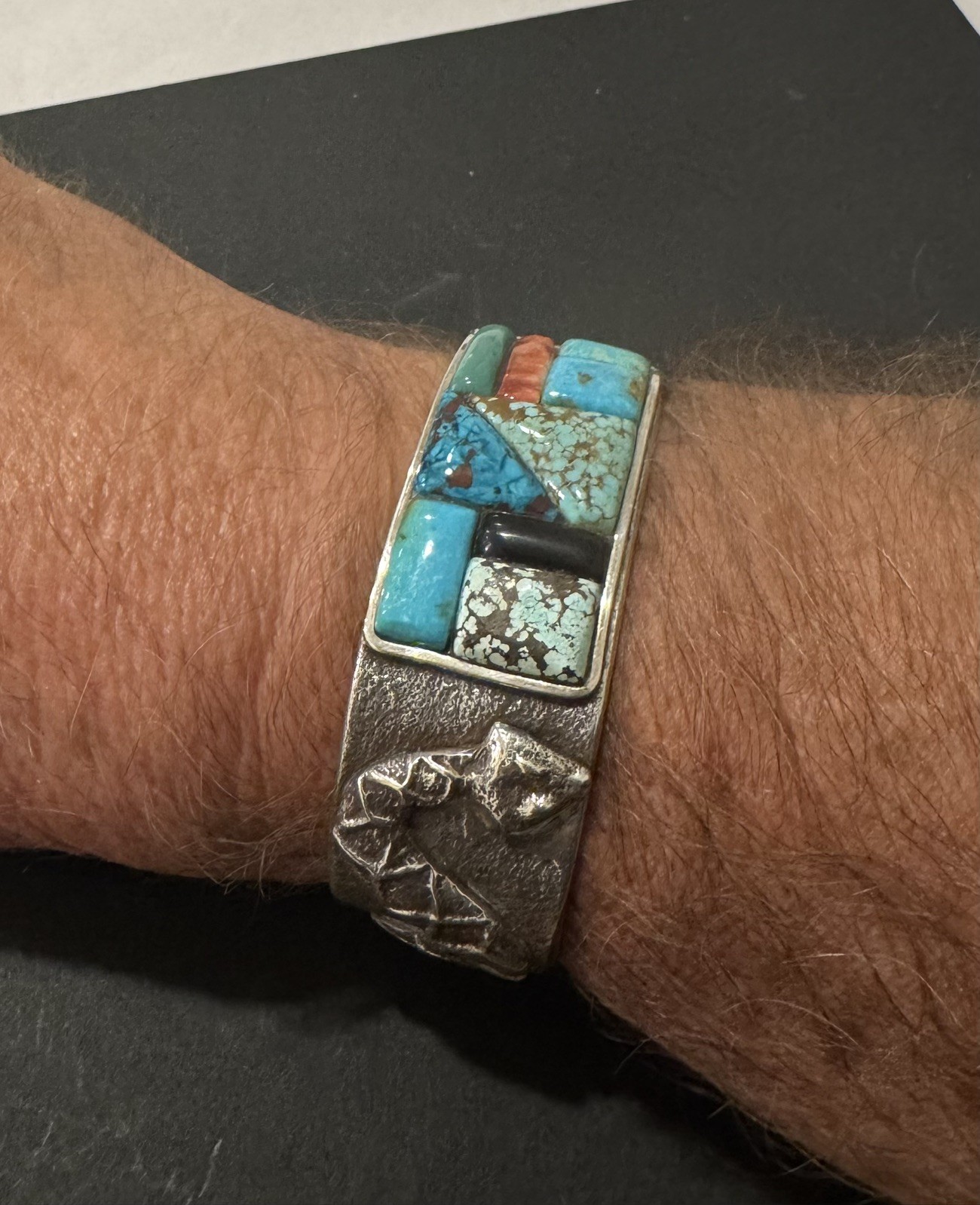 Tufa Cast cuff sterling silver, snake broken arrow, Turquoise