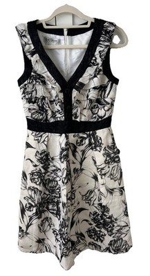Kay Unger Black Floral Linen Dress Lined Ruffles Sleeveless Size 4 NICE 