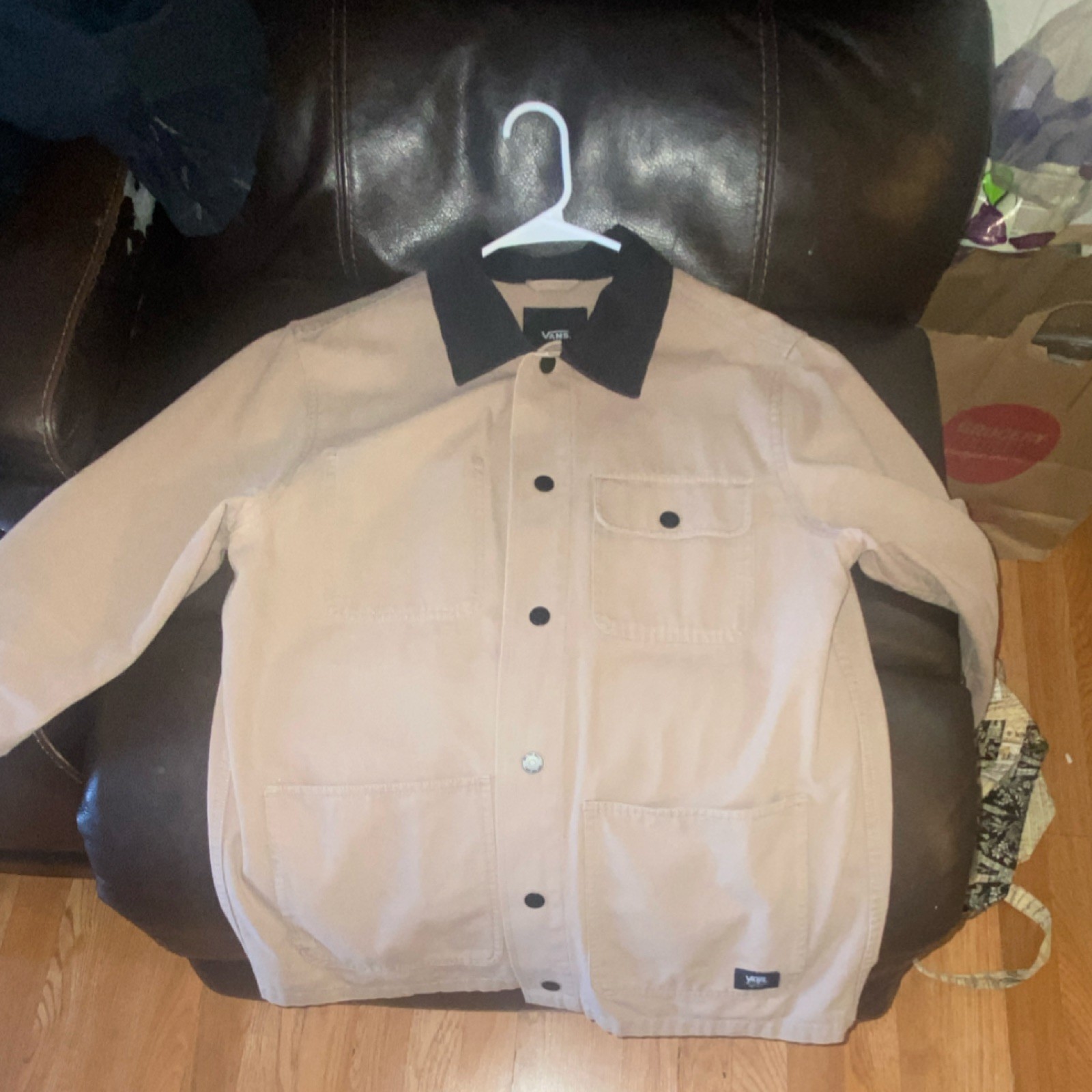 VANS Work Jacket Beige Black Button Front Spread … - image 1