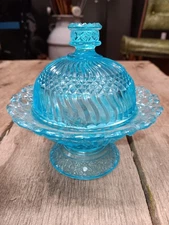 Aqua Pressed Glass Covered Butter Dish on Pedestal, Cheese Dome