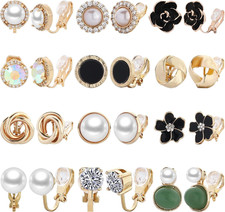 NEWITIN 12 Pairs Clip On Earrings Crystal Pearl Stud Non-Piercing for Women