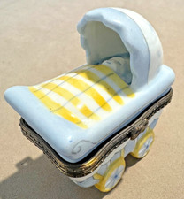 Vintage Ceramic Baby Carriage  Baby Trinket Box - Opens Collectible