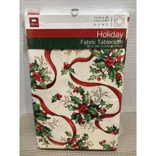 Christmas Tablecloth Holly Berry Fabric Poly Oblong 60x84 Town  Country NEW