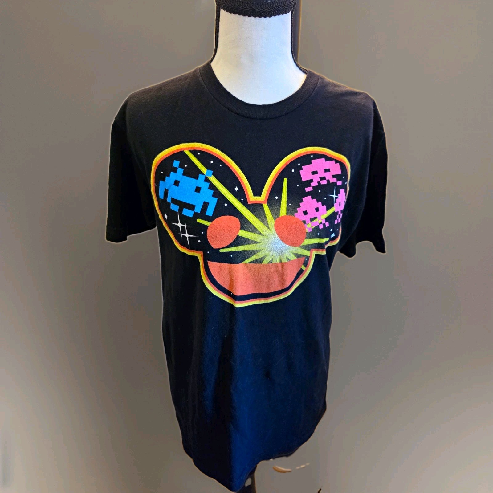 Vintage 2013 Deadmau5 X Space Invaders T-Shirt Black Graphic Tee Ed