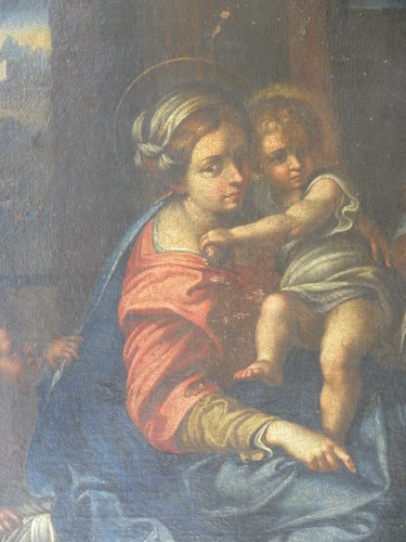 Sacra Famiglia + San Giovannino e allegorie mistiche Olio su tela 68x50 SEICENTO - Picture 15 of 21