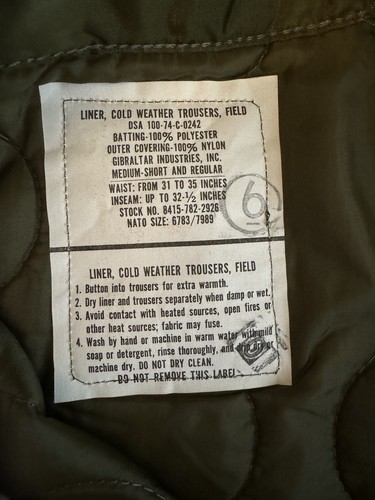 VTG Men’s Quilted Insulated Liner Pants L Outdoors Hunting Military Olive Green - Picture 4 of 9