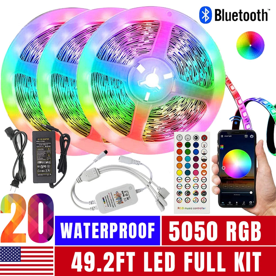 100ft LED Strip Lights 5050 RGB Bluetooth Color Change Remote for Rooms Bar - Image 2 of 4