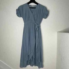 XIRENA Silk Cotton Blend Roll Tab Wrap Midi Layer Dress Size XS Lightweight Blue