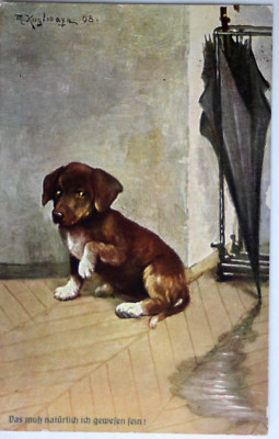 34669 Ancienne Künstler-postkarte Teckel Avec Parapluie 1909 Chien Teckel Humour