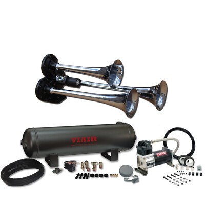 Triple Trumpet Train Air Horn with 150psi VIAIR 280c Compressor 2.5g Kit Chrome