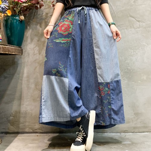 Women Wide Leg Jeans Denim Trousers Pants Loose Casual Elastic Waist Drawstring - Bild 4 von 8