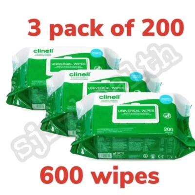 3 x CLINELL WIPES ANTIBACTERIAL WET WIPES KILLS 99.9% GERMS 200 WIPES PER PACK