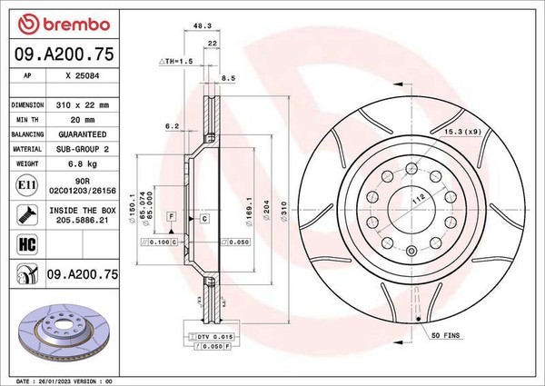 2X Brembo 09.A200.75 Bremsscheibe FüR Audi Chrysler Cupra Seat Skoda VW-image