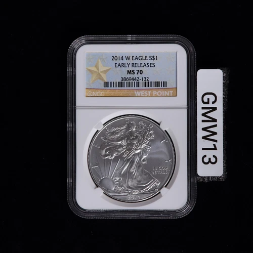 2014 (W) $1 AMERICAN SILVER EAGLE NGC MS70 ER STRUCK AT WEST POINT GOLD STAR