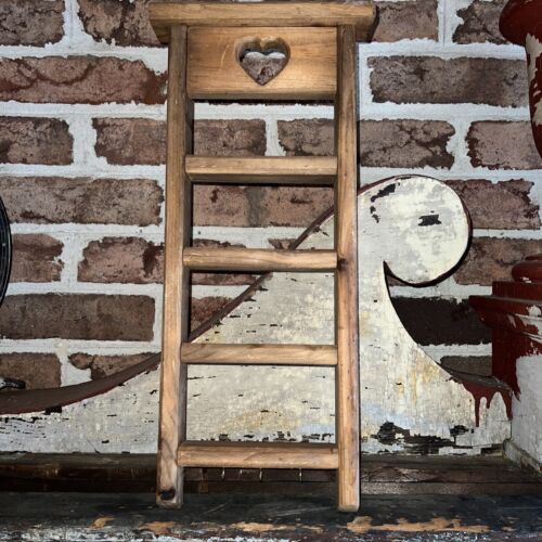 Vintage Pine Wooden Key Holder Ladder Shelf Heart Carved Design