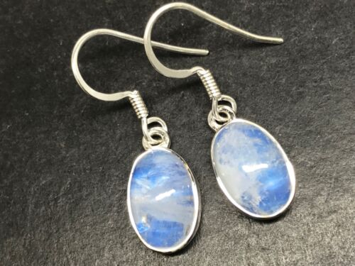 Blue rainbow moonstone oval drop earrings solid Sterling silver 12 x 8mm, box #2 - Picture 1 of 8