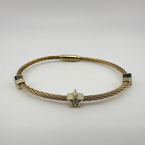 Steel & Shine Cubic Zirconia Gold Tone Star Charms Bangle 6.5” Bracelet - Picture 3 of 6