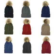 Women Fur Pom Pom Ball Knit Crochet Baggy Bobble Hat Beanie Winter