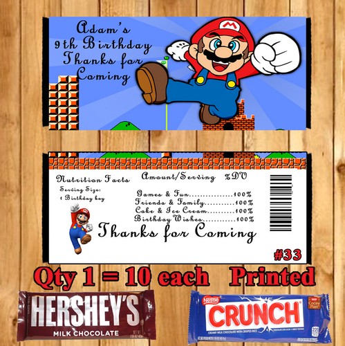 Super Smash Mario Brothers Candy Bar Wrapper 10 ea or Favor Tags Personalized - Picture 5 of 9