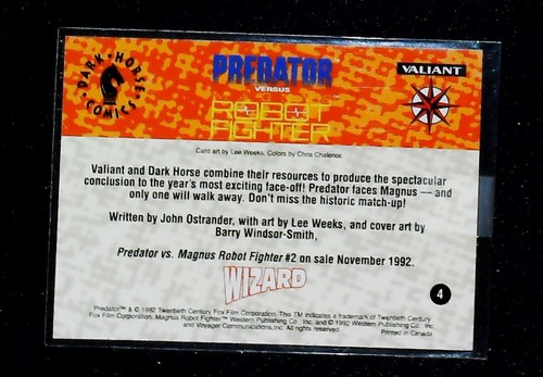 1992 Predator vs Robot Fighter tarjeta promocional Valiant Dark Horse cómics Wizard 4 - Imagen 2 de 2