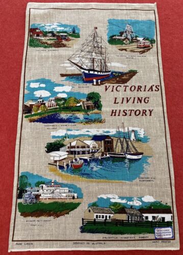 Vintage Pure Linen Tea Towel Victoria Australia Living History Souvenir Landmark - 第 1/14 張圖片