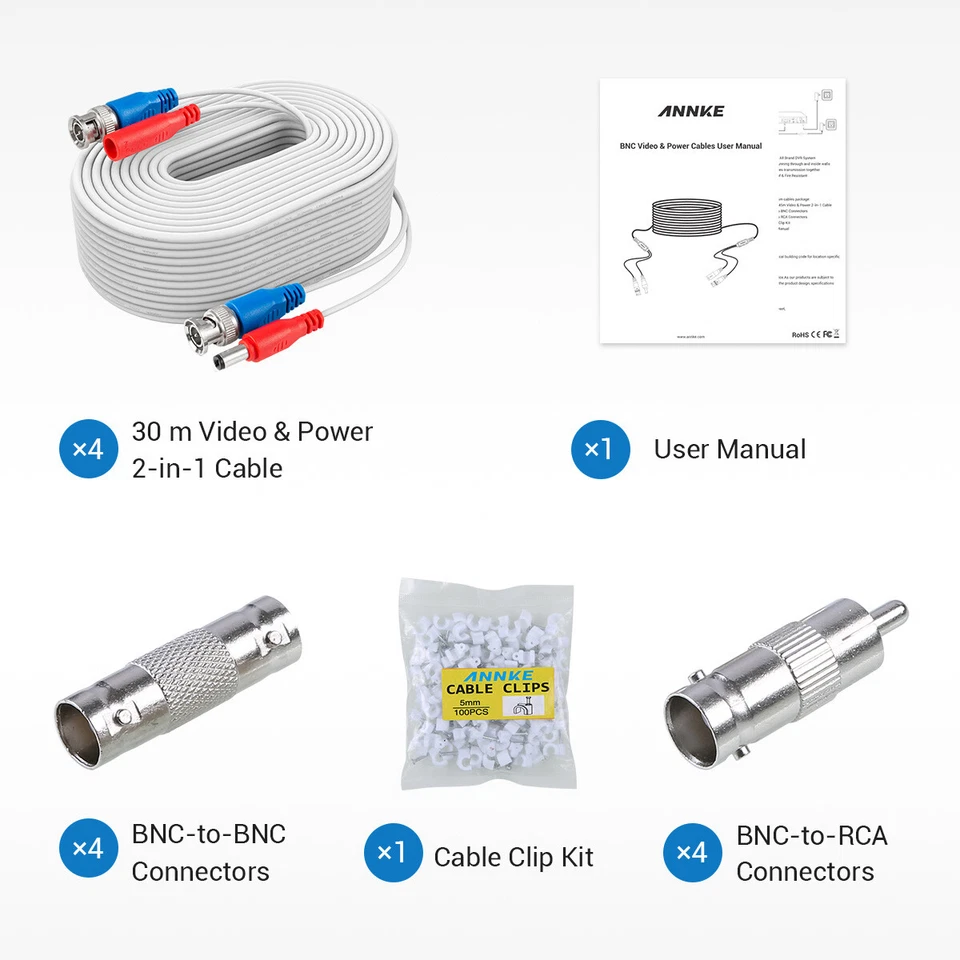 ANNKE 4PCS 100FT 30m Video Power BNC Cable for CCTV Security Camera System White - Image 2 of 4