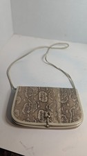 Vintage Faux Snakeskin Crossbody Purse Cream Brown Shoulder Bag Turn Lock
