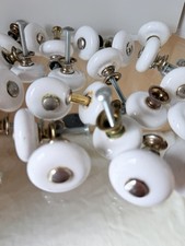 Lot of 32 Vintage White Porcelain Cabinet Knobs Aged Brass Gray Patina